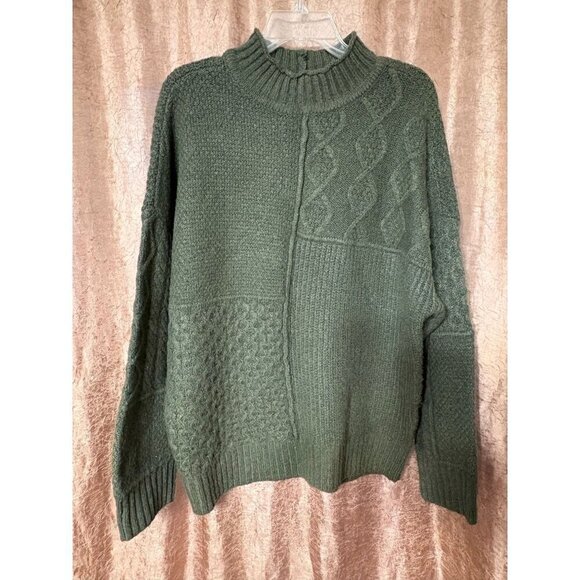 Vintage American Eagle Men's L Green Patchwork Cable Knit Sweater Mock Neck - Picture 2 of 9